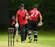 15 August 2023; PJ Moore, left, and Ali Frost of Munster Reds during the Rario Inter-Provincial Cup match between Munster Reds and Northern Knights at The Mardyke in Cork. Photo by Eóin Noonan/Sportsfile