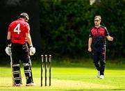 15 August 2023; Theo Van Woerkom of Northern Knights celebrates after bowling out Murray Commins of Munster Reds during the Rario Inter-Provincial Cup match between Munster Reds and Northern Knights at The Mardyke in Cork. Photo by Eóin Noonan/Sportsfile