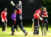 15 August 2023; Neil Rock of Northern Knights celebrates after bowling out Murray Commins of Munster Reds during the Rario Inter-Provincial Cup match between Munster Reds and Northern Knights at The Mardyke in Cork. Photo by Eóin Noonan/Sportsfile