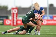 12 August 2023; Aoife Dalton of Leinster is tackled by Clara Barrett and Laoise McGonagle of Connacht during the Vodafone Women’s Interprovincial Championship match between Connacht and Leinster at The Sportsground in Galway. Photo by Ramsey Cardy/Sportsfile