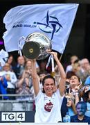 13 August 2023; Kildare captain Grace Clifford lifts the Mary Quinn Memorial Cup after the 2023 TG4 All-Ireland Ladies Intermediate Football Championship Final match between Clare and Kildare at Croke Park in Dublin. Photo by Seb Daly/Sportsfile