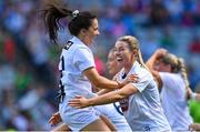 13 August 2023; Kildare players Trina Duggan, left, and Ellen Dowling celebrate after their side's victory in during the 2023 TG4 All-Ireland Ladies Intermediate Football Championship Final match between Clare and Kildare at Croke Park in Dublin. Photo by Seb Daly/Sportsfile