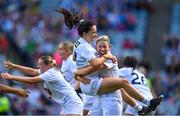 13 August 2023; Kildare players Trina Duggan, left, and Ellen Dowling celebrate after their side's victory in during the 2023 TG4 All-Ireland Ladies Intermediate Football Championship Final match between Clare and Kildare at Croke Park in Dublin. Photo by Seb Daly/Sportsfile
