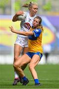 13 August 2023; Neasa Dooley of Kildare in action against Aisling Reidy of Clare during the 2023 TG4 All-Ireland Ladies Intermediate Football Championship Final match between Clare and Kildare at Croke Park in Dublin. Photo by Seb Daly/Sportsfile