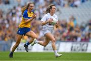 13 August 2023; Claire Sullivan of Kildare in action against Aisling Reidy of Clare during the 2023 TG4 All-Ireland Ladies Intermediate Football Championship Final match between Clare and Kildare at Croke Park in Dublin. Photo by Seb Daly/Sportsfile