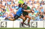 13 August 2023; Emma Costello of Kerry in action against Leah Caffrey of Dublin during the 2023 TG4 LGFA All-Ireland Senior Championship Final match between Dublin and Kerry at Croke Park in Dublin. Photo by Seb Daly/Sportsfile