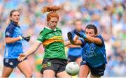 13 August 2023; Louise Ní Mhuircheartaigh of Kerry in action against Leah Caffrey of Dublin during the 2023 TG4 LGFA All-Ireland Senior Championship Final match between Dublin and Kerry at Croke Park in Dublin. Photo by Seb Daly/Sportsfile
