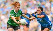 13 August 2023; Louise Ní Mhuircheartaigh of Kerry in action against Leah Caffrey of Dublin during the 2023 TG4 LGFA All-Ireland Senior Championship Final match between Dublin and Kerry at Croke Park in Dublin. Photo by Seb Daly/Sportsfile