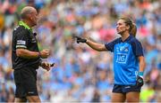 13 August 2023; Martha Byrne of Dublin speaks with referee Shane Curley during the 2023 TG4 LGFA All-Ireland Senior Championship Final match between Dublin and Kerry at Croke Park in Dublin. Photo by Seb Daly/Sportsfile