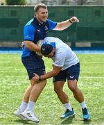 16 August 2023; Leinster players John McKee, left, and Charlie Ngatai during the Bank of Ireland Leinster rugby summer camp at Energia Park in Dublin. Photo by Piaras Ó Mídheach/Sportsfile