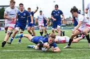 16 August 2023; Luke McLaughlin of Leinster scores a try during the U18 Schools Interprovincial Championship match between Leinster and Ulster at Energia Park in Dublin. Photo by Piaras Ó Mídheach/Sportsfile