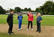 17 August 2023; Umpire Gareth Morrison, left, Leinster Lightning captain Simi Singh, second from left, and Munster Reds captain PJ Moore with HBV Commentator, Stephen Alkin, right, before the Rario Inter-Provincial Cup match between Munster Reds and Leinster Lightning at The Mardyke in Cork. Photo by Eóin Noonan/Sportsfile