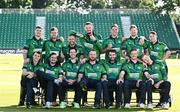 17 August 2023; The Ireland squad, back row, from left, Josh Little, Theo van Woerkom, Ross Adair, Ben White, Fionn Hand, and Curtis Campher, front row, from left, Lorcan Tucker, Mark Adair, George Dockrell, Paul Stirling, Andrew Balbirnie, Barry McCarthy and Harry Tector during a Cricket Ireland portrait session at Malahide Cricket Club in Dublin. Photo by Harry Murphy/Sportsfile