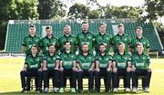 17 August 2023; The Ireland squad, back row, from left, Josh Little, Theo van Woerkom, Ross Adair, Ben White, Fionn Hand, and Curtis Campher, front row, from left, Lorcan Tucker, Mark Adair, George Dockrell, Paul Stirling, Andrew Balbirnie, Barry McCarthy and Harry Tector during a Cricket Ireland portrait session at Malahide Cricket Club in Dublin. Photo by Harry Murphy/Sportsfile