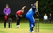 17 August 2023; Liam McCarthy of Munster Reds delivers to Seamus Lynch of Leinster Lightning during the Rario Inter-Provincial Cup match between Munster Reds and Leinster Lightning at The Mardyke in Cork. Photo by Eóin Noonan/Sportsfile