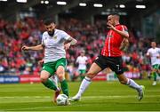 17 August 2023; Ivan Rogac of Tobol tackles Michael Duffy of Derry City, resulting in a penalty, during the UEFA Europa Conference League Third Qualifying Round second leg match between Derry City and FC Tobol at Tallaght Stadium in Dublin. Photo by Ben McShane/Sportsfile