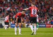 17 August 2023; Michael Duffy, left, and Jamie McGonigle of Derry City react after a missed opportunity on goal during the UEFA Europa Conference League Third Qualifying Round second leg match between Derry City and FC Tobol at Tallaght Stadium in Dublin. Photo by Ben McShane/Sportsfile