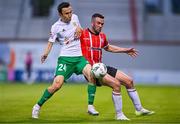 17 August 2023; Michael Duffy of Derry City in action against Bagdat Kairov of Tobol during the UEFA Europa Conference League Third Qualifying Round second leg match between Derry City and FC Tobol at Tallaght Stadium in Dublin. Photo by Ben McShane/Sportsfile