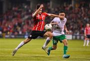 17 August 2023; Adam O'Reilly of Derry City in action against Samat Zharynbetov of Tobol during the UEFA Europa Conference League Third Qualifying Round second leg match between Derry City and FC Tobol at Tallaght Stadium in Dublin. Photo by Ben McShane/Sportsfile