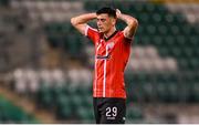 17 August 2023; Cian Kavanagh of Derry City reacts to a missed opportunity on goal during the UEFA Europa Conference League Third Qualifying Round second leg match between Derry City and FC Tobol at Tallaght Stadium in Dublin. Photo by Stephen McCarthy/Sportsfile