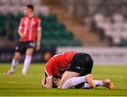17 August 2023; Cian Kavanagh of Derry City reacts to a missed opportunity on goal during the UEFA Europa Conference League Third Qualifying Round second leg match between Derry City and FC Tobol at Tallaght Stadium in Dublin. Photo by Stephen McCarthy/Sportsfile