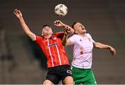 17 August 2023; Cian Kavanagh of Derry City in action against Bojan Mladovic of Tobol during the UEFA Europa Conference League Third Qualifying Round second leg match between Derry City and FC Tobol at Tallaght Stadium in Dublin. Photo by Stephen McCarthy/Sportsfile