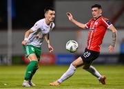 17 August 2023; Jovan Ilic of Tobol in action against Cian Kavanagh of Derry City during the UEFA Europa Conference League Third Qualifying Round second leg match between Derry City and FC Tobol at Tallaght Stadium in Dublin. Photo by Ben McShane/Sportsfile