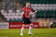 17 August 2023; Brandon Kavanagh of Derry City celebrates after scoring a penalty in the shootout during the UEFA Europa Conference League Third Qualifying Round second leg match between Derry City and FC Tobol at Tallaght Stadium in Dublin. Photo by Ben McShane/Sportsfile