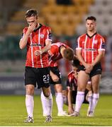 17 August 2023; Cameron Dummigan of Derry City reacts after losing the penalty shootout after the UEFA Europa Conference League Third Qualifying Round second leg match between Derry City and FC Tobol at Tallaght Stadium in Dublin. Photo by Stephen McCarthy/Sportsfile