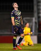 17 August 2023; Derry City goalkeeper Brian Maher reacts after losing the penalty shootout after the UEFA Europa Conference League Third Qualifying Round second leg match between Derry City and FC Tobol at Tallaght Stadium in Dublin. Photo by Ben McShane/Sportsfile