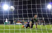 17 August 2023; Roman Asrankulov of Tobol scores past Derry City goalkeeper Brian Maher in the penalty shootout during the UEFA Europa Conference League Third Qualifying Round second leg match between Derry City and FC Tobol at Tallaght Stadium in Dublin. Photo by Stephen McCarthy/Sportsfile
