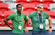 18 August 2023; Athletics Ireland Performance Sprints Lead Christian Malcolm, left, and Chartered Physiotherapist Paul Carragher during the official athlete training session ahead of the World Athletics Championships at National Athletics Centre in Budapest, Hungary. Photo by Sam Barnes/Sportsfile