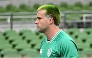 18 August 2023; Mack Hansen walks out with KE shaved into his hair for teammate Keith Earls during an Ireland rugby captain's run at the Aviva Stadium in Dublin. Photo by Harry Murphy/Sportsfile