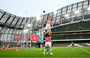 18 August 2023; Cian Prendergast is lifted in a lineout during an Ireland rugby captain's run at the Aviva Stadium in Dublin. Photo by Harry Murphy/Sportsfile