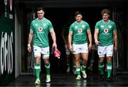 18 August 2023; Ireland players, from left, James Ryan, Dan Sheehan and Cian Prendergast walk out before an Ireland rugby captain's run at the Aviva Stadium in Dublin. Photo by Harry Murphy/Sportsfile