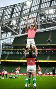 18 August 2023; Cian Prendergast is lifted in a lineout during an Ireland rugby captain's run at the Aviva Stadium in Dublin. Photo by Harry Murphy/Sportsfile