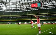 18 August 2023; Jamison Gibson-Park throws a lineout during an Ireland rugby captain's run at the Aviva Stadium in Dublin. Photo by Harry Murphy/Sportsfile