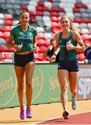 18 August 2023; Sharlene Mawdsley of Ireland, left, and Sophie Becker of Ireland during the official athlete training session ahead of the World Athletics Championships at National Athletics Centre in Budapest, Hungary. Photo by Sam Barnes/Sportsfile