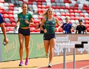 18 August 2023; Sharlene Mawdsley of Ireland, left, and Sophie Becker of Ireland during the official athlete training session ahead of the World Athletics Championships at National Athletics Centre in Budapest, Hungary. Photo by Sam Barnes/Sportsfile