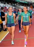 18 August 2023; Sophie Becker of Ireland, left, and Sharlene Mawdsley of Ireland during the official athlete training session ahead of the World Athletics Championships at National Athletics Centre in Budapest, Hungary. Photo by Sam Barnes/Sportsfile