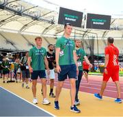 18 August 2023; Ireland athletes, from left, Callum Baird, Jack Raftery and Nick Griggs during the official athlete training session ahead of the World Athletics Championships at National Athletics Centre in Budapest, Hungary. Photo by Sam Barnes/Sportsfile