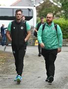 18 August 2023; Ireland players Mark Adair, left, and Paul Stirling arrive before match one of the Men's T20 International series between Ireland and India at Malahide Cricket Ground in Dublin. Photo by Seb Daly/Sportsfile