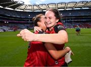 13 August 2023; Aimee O'Higgins of Down, right, celebrates with team-mate Clara Mulvenna after victory in the 2023 TG4 All-Ireland Ladies Junior Football Championship Final match between Down and Limerick at Croke Park in Dublin. Photo by Piaras Ó Mídheach/Sportsfile