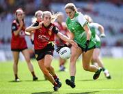 13 August 2023; Iris Kennelly of Limerick in action against Natalie McKibbin of Down during the 2023 TG4 All-Ireland Ladies Junior Football Championship Final match between Down and Limerick at Croke Park in Dublin. Photo by Piaras Ó Mídheach/Sportsfile