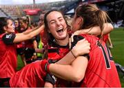 13 August 2023; Niamh King of Down celebrates with team-mate Natasha Ferris, 14, after victory in the 2023 TG4 All-Ireland Ladies Junior Football Championship Final match between Down and Limerick at Croke Park in Dublin. Photo by Piaras Ó Mídheach/Sportsfile