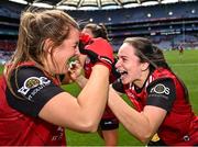 13 August 2023; Down players Aimee O'Higgins, right, and Natasha Ferris celebrate after their side's victory in the 2023 TG4 All-Ireland Ladies Junior Football Championship Final match between Down and Limerick at Croke Park in Dublin. Photo by Piaras Ó Mídheach/Sportsfile