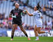 13 August 2023; Kildare goalkeeper Mary Hulgraine with Lauren Burke before during the 2023 TG4 All-Ireland Ladies Intermediate Football Championship Final match between Clare and Kildare at Croke Park in Dublin. Photo by Piaras Ó Mídheach/Sportsfile