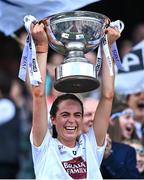 13 August 2023; Kildare captain Grace Clifford lifts the Mary Quinn Memorial Cup after her side's victory in the 2023 TG4 All-Ireland Ladies Intermediate Football Championship Final match between Clare and Kildare at Croke Park in Dublin. Photo by Piaras Ó Mídheach/Sportsfile