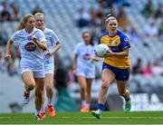13 August 2023; Laurie Ryan of Clare in action against Ellen Dowling of Kildare, 13, during the 2023 TG4 All-Ireland Ladies Intermediate Football Championship Final match between Clare and Kildare at Croke Park in Dublin. Photo by Piaras Ó Mídheach/Sportsfile