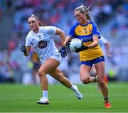 13 August 2023; Fidelma Marrinan of Clare in action against Laoise Lenehan of Kildare during the 2023 TG4 All-Ireland Ladies Intermediate Football Championship Final match between Clare and Kildare at Croke Park in Dublin. Photo by Piaras Ó Mídheach/Sportsfile